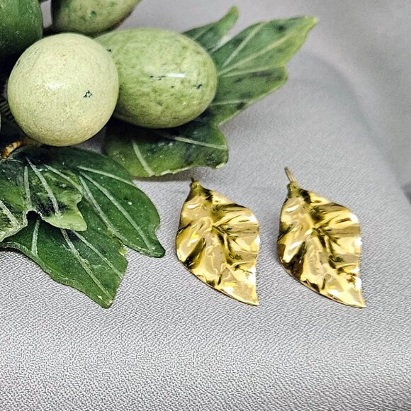 Textured Leaf Earrings, Stamped design w/ Ear Hooks, Gold Plate - 1 1/2" - Picture 1 of 9